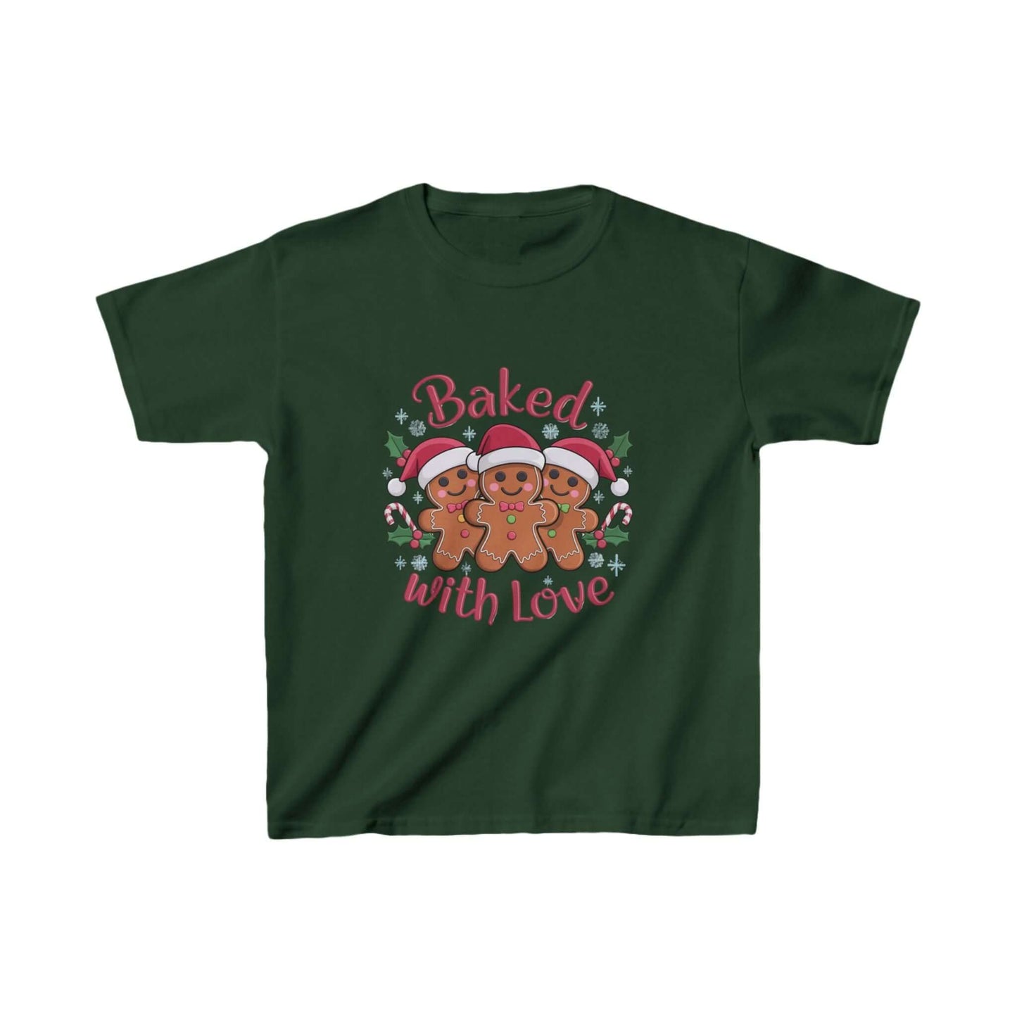 Kids T-shirt featuring gingerbread men in Santa hats and 'Baked with Love' typography, perfect for Christmas festivities.