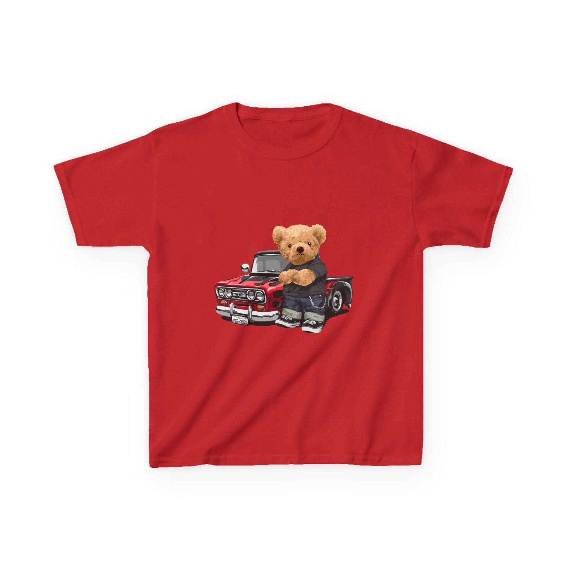 Cute red kid's tee featuring a cute teddy bear with a cool vintage pickup truck design, perfect for car lovers.