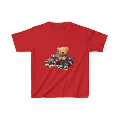 Cute red kid's tee featuring a cute teddy bear with a cool vintage pickup truck design, perfect for car lovers.