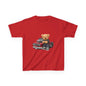 Cute red kid's tee featuring a cute teddy bear with a cool vintage pickup truck design, perfect for car lovers.