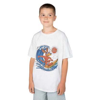 White Kids tee featuring a cool kangaroo surfing design, perfect for beach lovers and summer vibes.