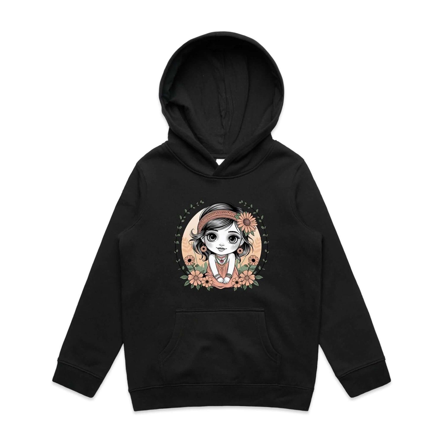 Cute chibi girl surrounded by flowers on a kid's black hooded jumper, perfect for young girls who love whimsical designs.