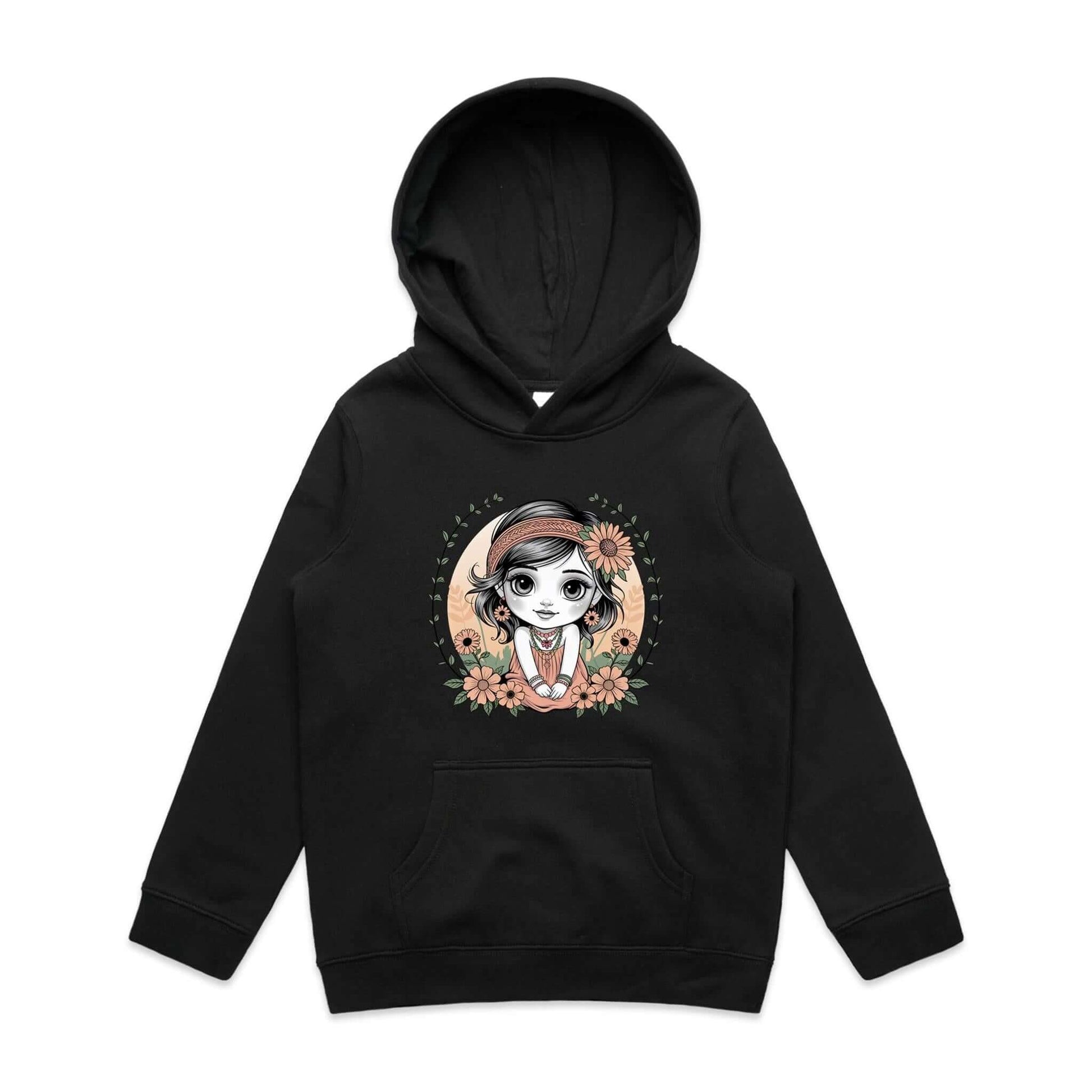 Cute chibi girl surrounded by flowers on a kid's black hooded jumper, perfect for young girls who love whimsical designs.