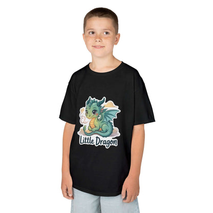 Boy wearing a black Kids Tee featuring the 'Little Dragon' cartoon character design, perfect for young dragon fans.