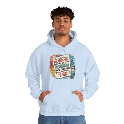 Colorful hoodie featuring teacher pointing to humorous vocabulary quote, perfect for funny casual wear.