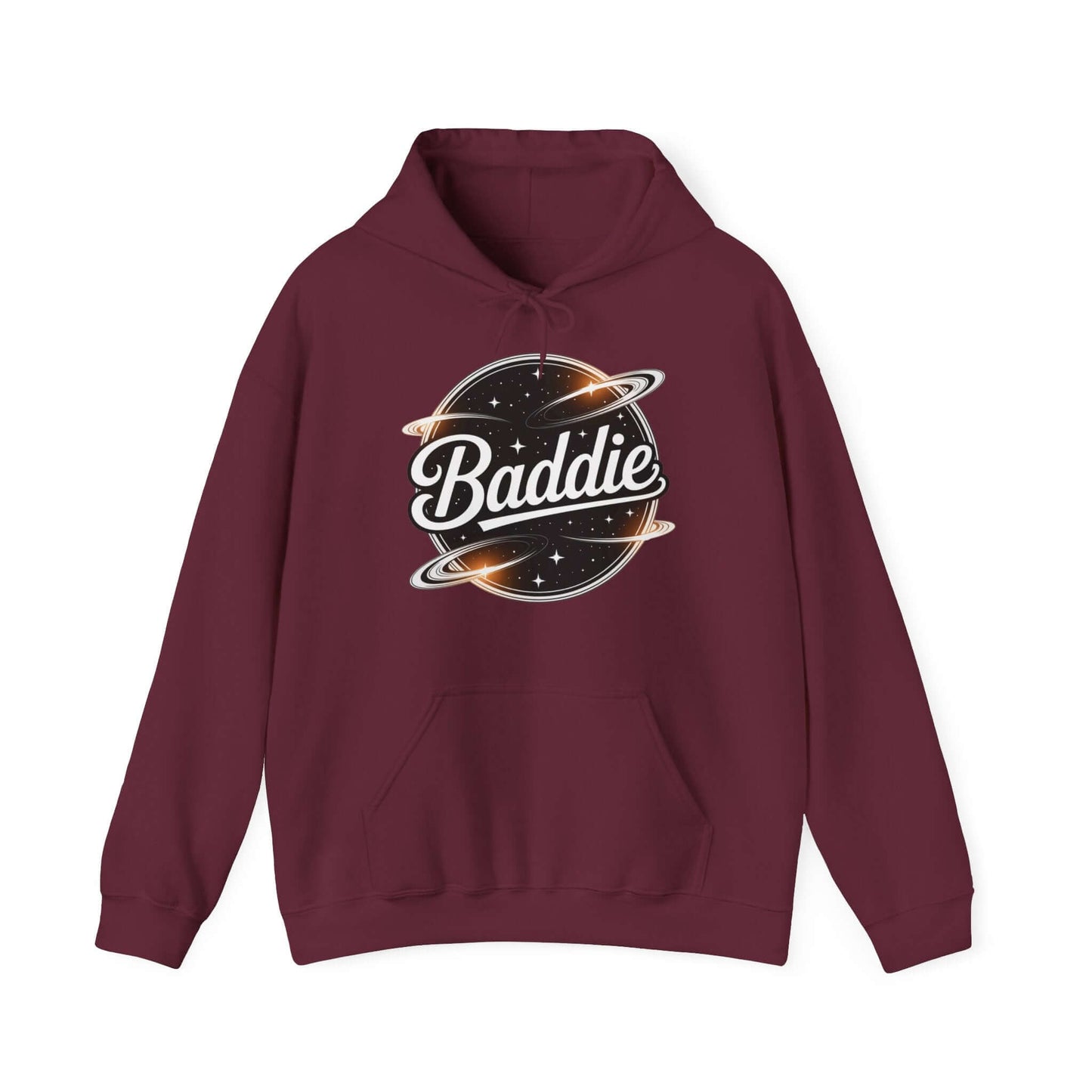 Burgundy hooded jumper featuring retro 'Baddie' universe design with kangaroo pocket, perfect for trendy casual wear.
