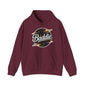 Burgundy hooded jumper featuring retro 'Baddie' universe design with kangaroo pocket, perfect for trendy casual wear.