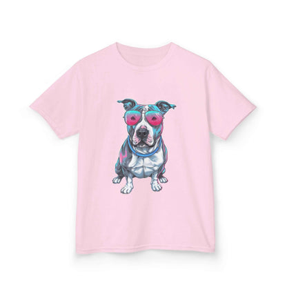Kids T-shirt - featuring a retro synth wave Pit Bull dog design with pink sunglasses, ideal for dog lovers.