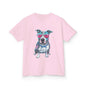 Kids T-shirt - featuring a retro synth wave Pit Bull dog design with pink sunglasses, ideal for dog lovers.