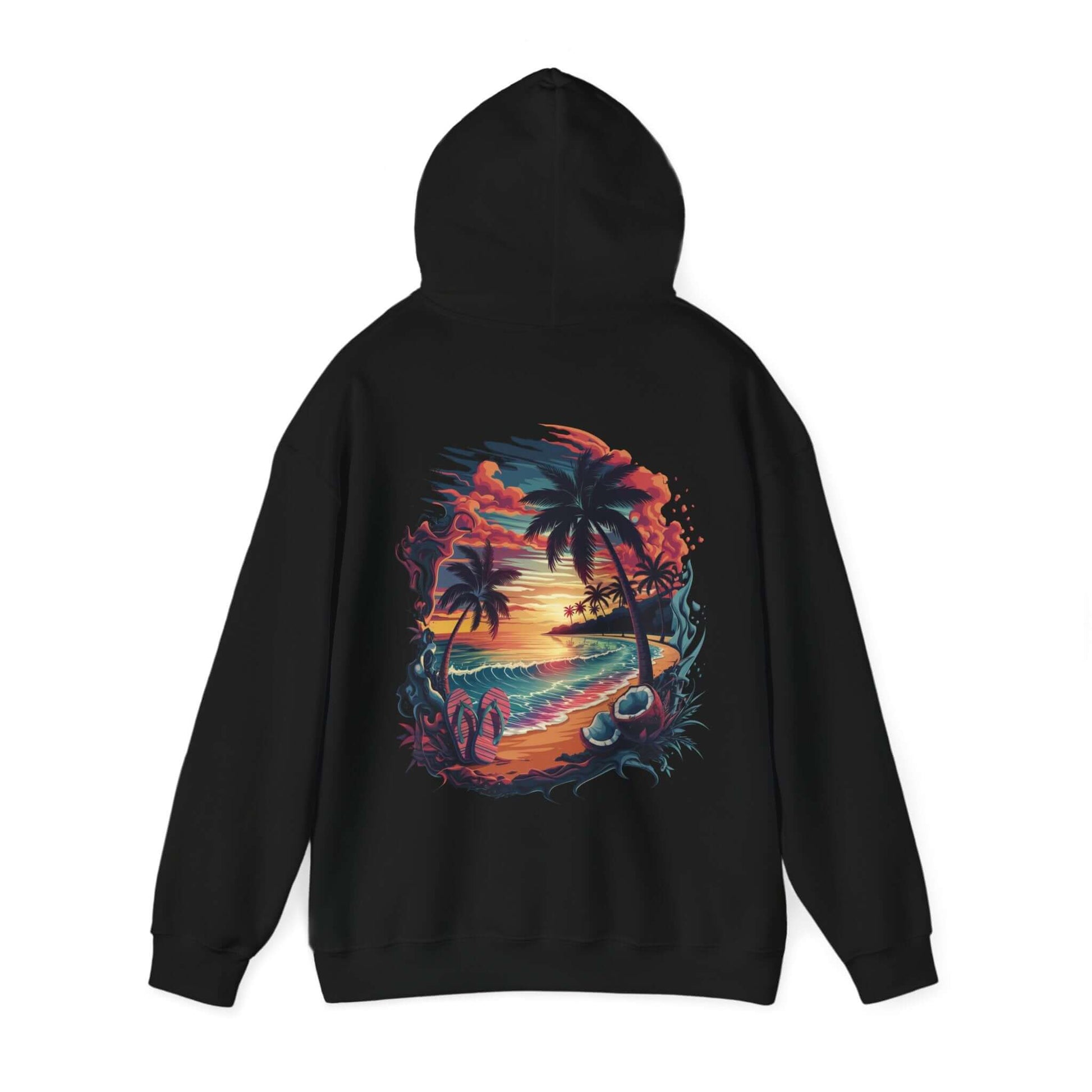 Hooded sweatshirt featuring vibrant tropical sunset beach scene with palm trees and ocean waves.