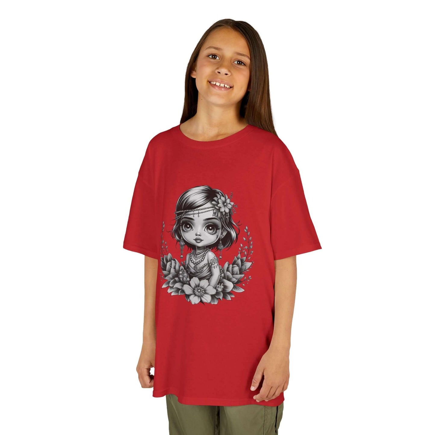 Red kids tee featuring black and white chibi girl illustration with jewelry and flowers, perfect for playful occasions.