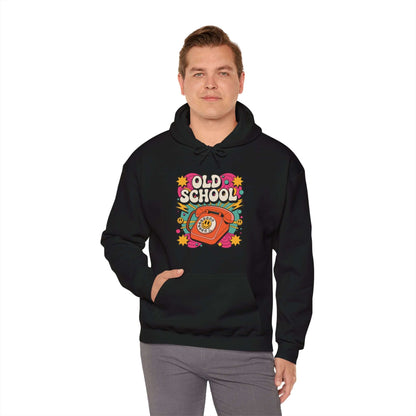 Old School hooded sweatshirt featuring a vintage dial-up telephone, retro design with colorful accents.