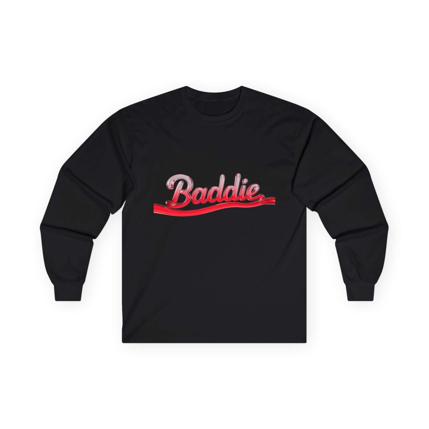 Trendy black long sleeve tee featuring liquid red text design "Baddie" for cool streetwear style.