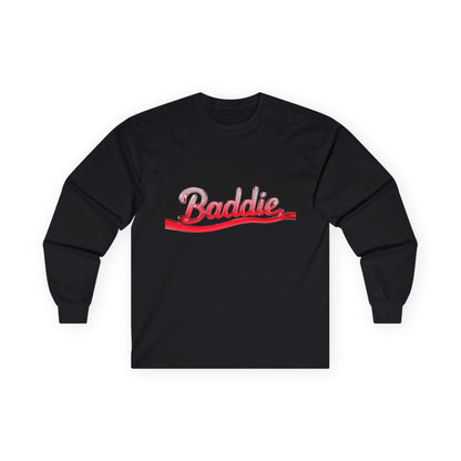 Trendy black long sleeve tee featuring liquid red text design "Baddie" for cool streetwear style.
