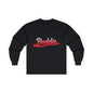 Trendy black long sleeve tee featuring liquid red text design "Baddie" for cool streetwear style.
