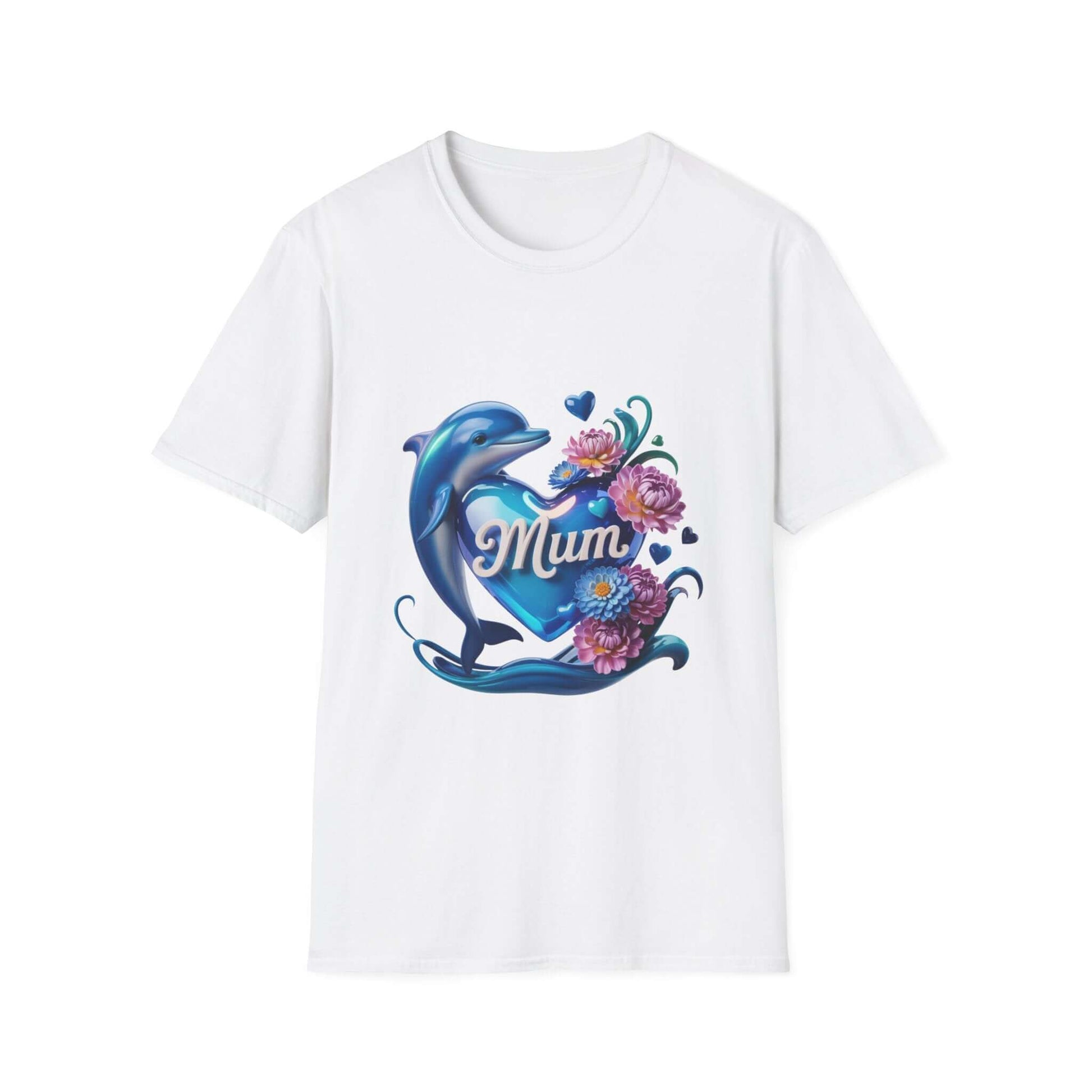 Dolphin holding heart with 'Mum' text and flowers, perfect for Mother's Day T-shirt design.