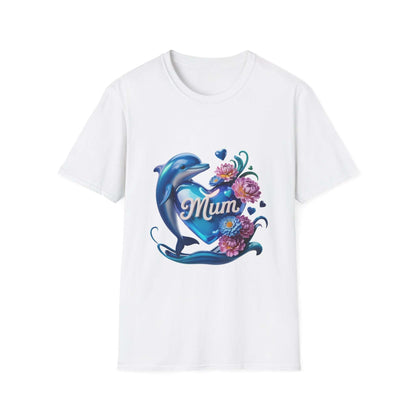 Dolphin holding heart with 'Mum' text and flowers, perfect for Mother's Day T-shirt design.