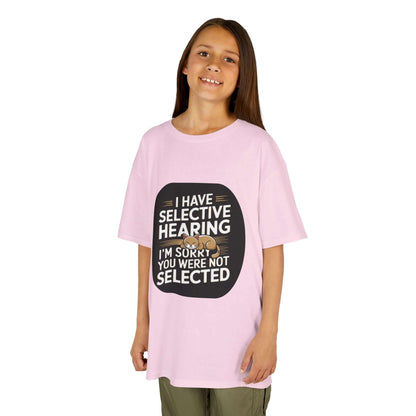 Kids tee featuring a sleeping cat and the quote, 'I have selective hearing I'm sorry you were not selected'.