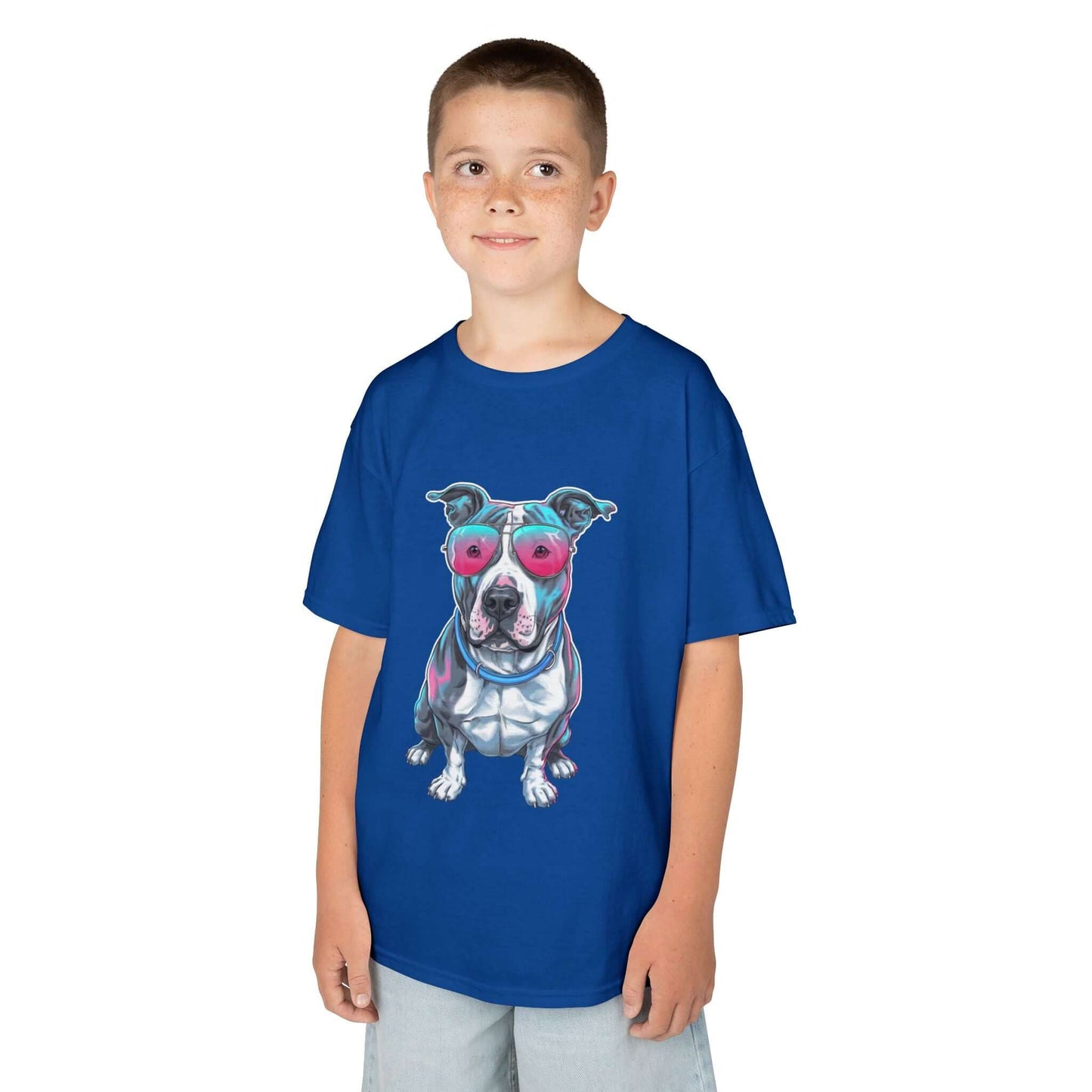 Kids T-shirt - featuring a retro synth wave Pit Bull design with pink sunglasses, perfect Tee for dog lovers.