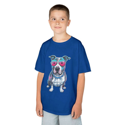 Kids T-shirt - featuring a retro synth wave Pit Bull design with pink sunglasses, perfect Tee for dog lovers.