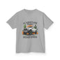 Kids T-shirt featuring off road truck in a desert with text 'Adventure begins where the road ends', perfect for outdoor enthusiasts.