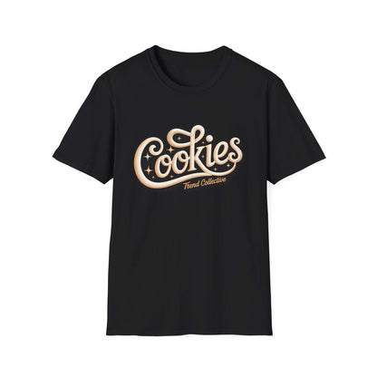 Trendy black T-shirt with "Cookies Trend Collective" in baseball style cursive and star accents.