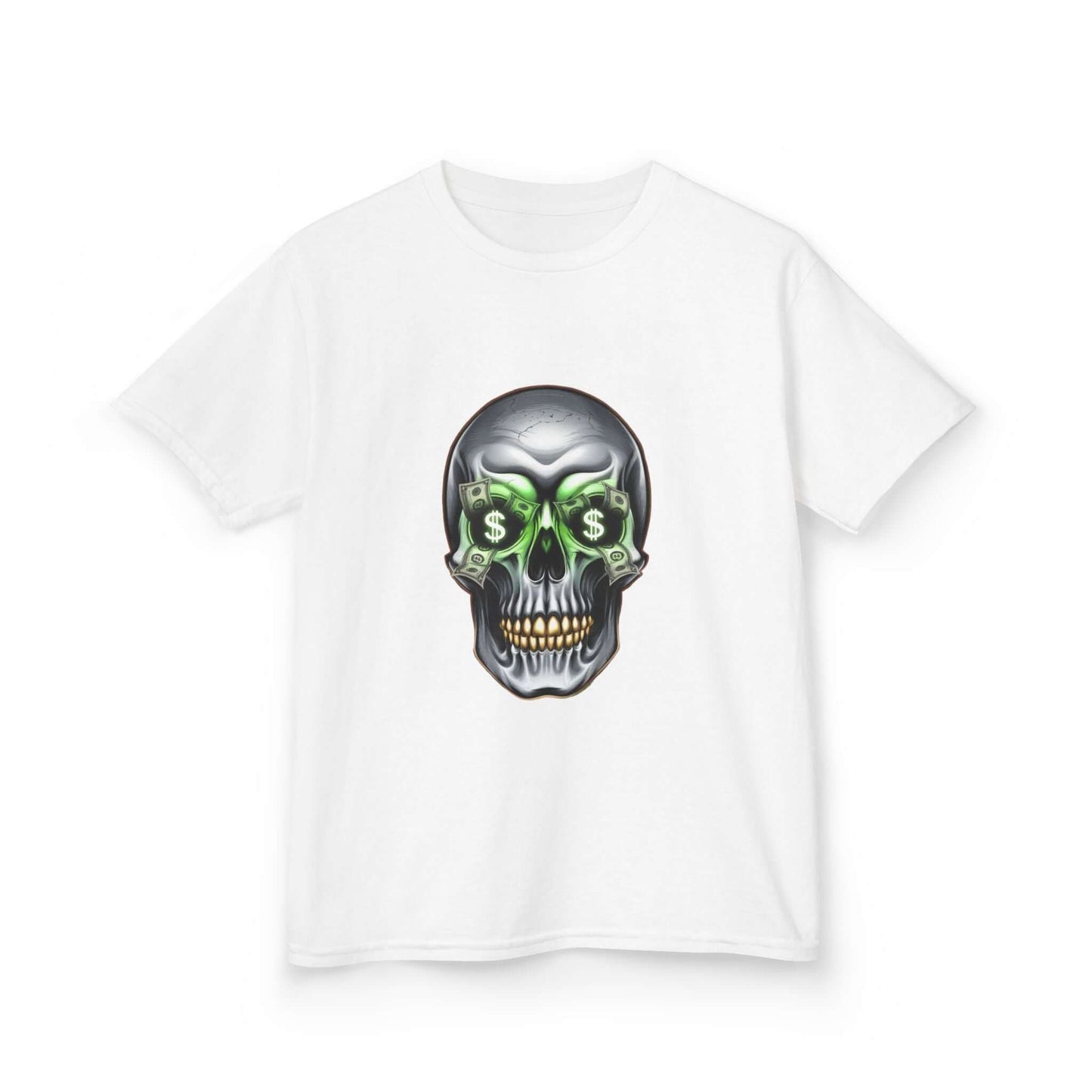 Cool skull kid's T-shirt with money symbols and dollar bills in eye sockets, perfect for streetwear fashion.