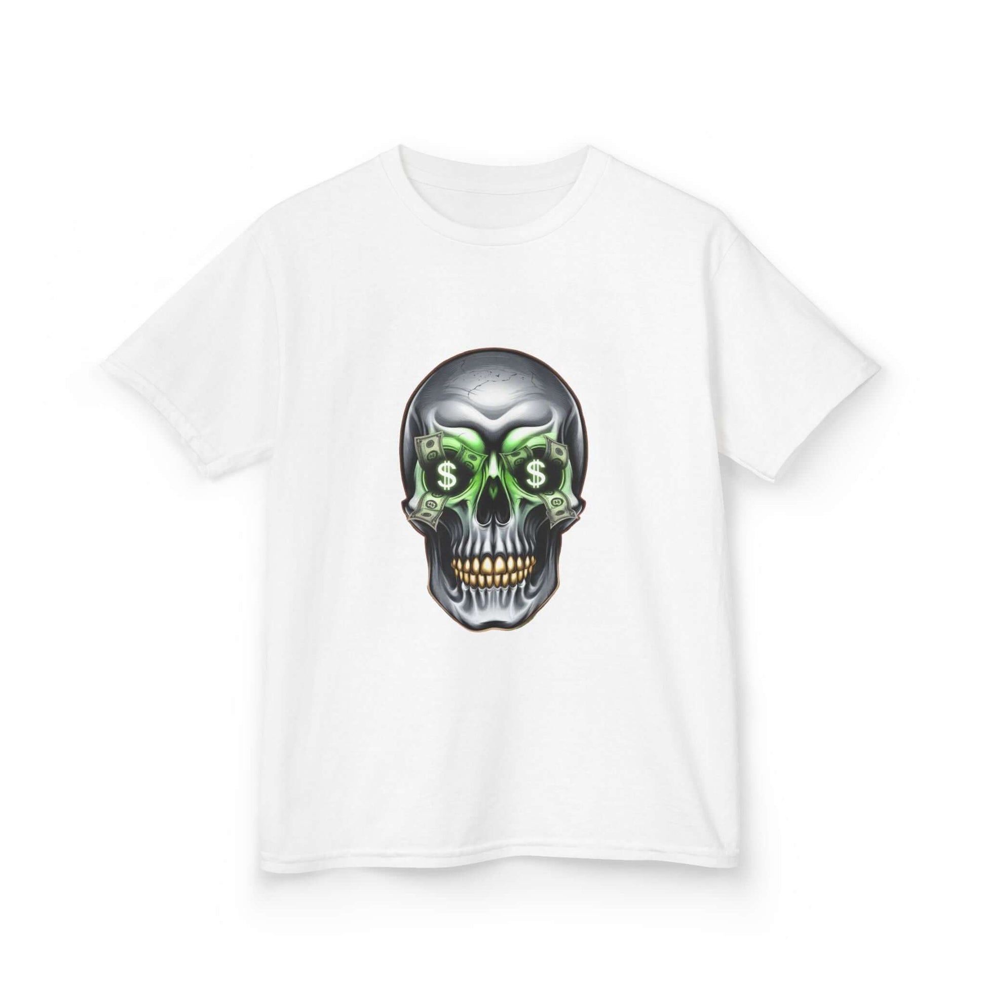 Cool skull kid's T-shirt with money symbols and dollar bills in eye sockets, perfect for streetwear fashion.