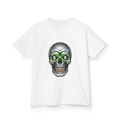 Cool skull kid's T-shirt with money symbols and dollar bills in eye sockets, perfect for streetwear fashion.
