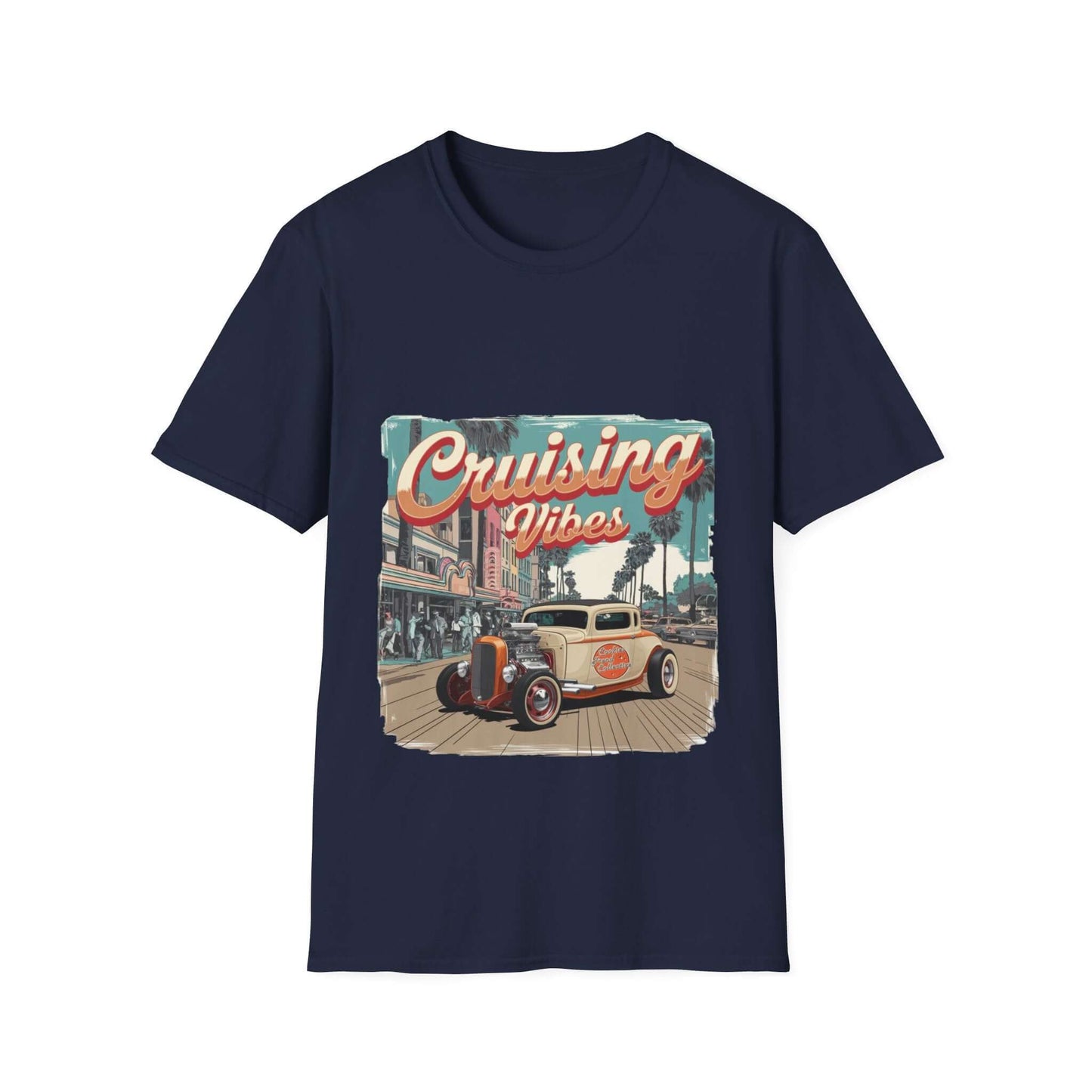 Vintage hotrod 'Cruising Vibes' T-Shirt featuring palm tree lined street design for summer vibes and car lovers.