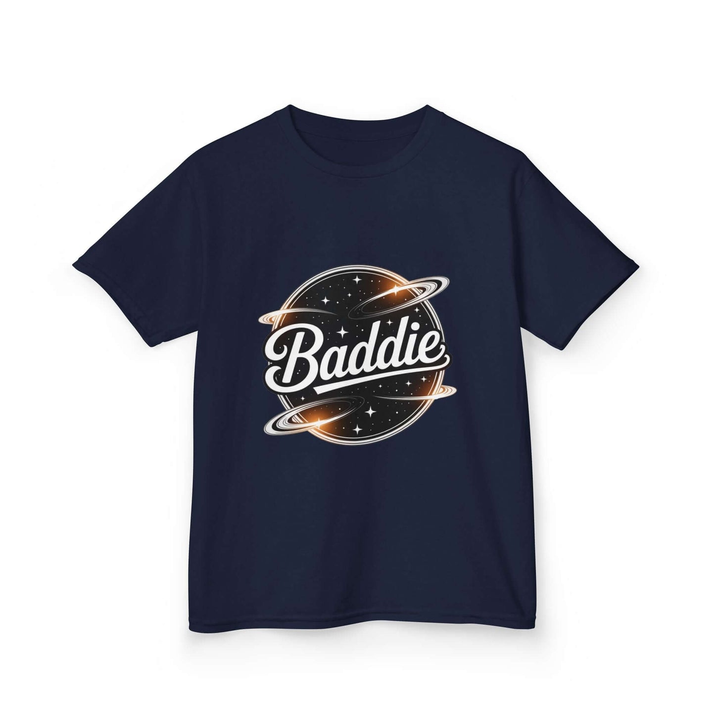 Kids Navy blue tee featuring a retro 'Baddie' universe design, perfect for trendy kids who love unique fashion.