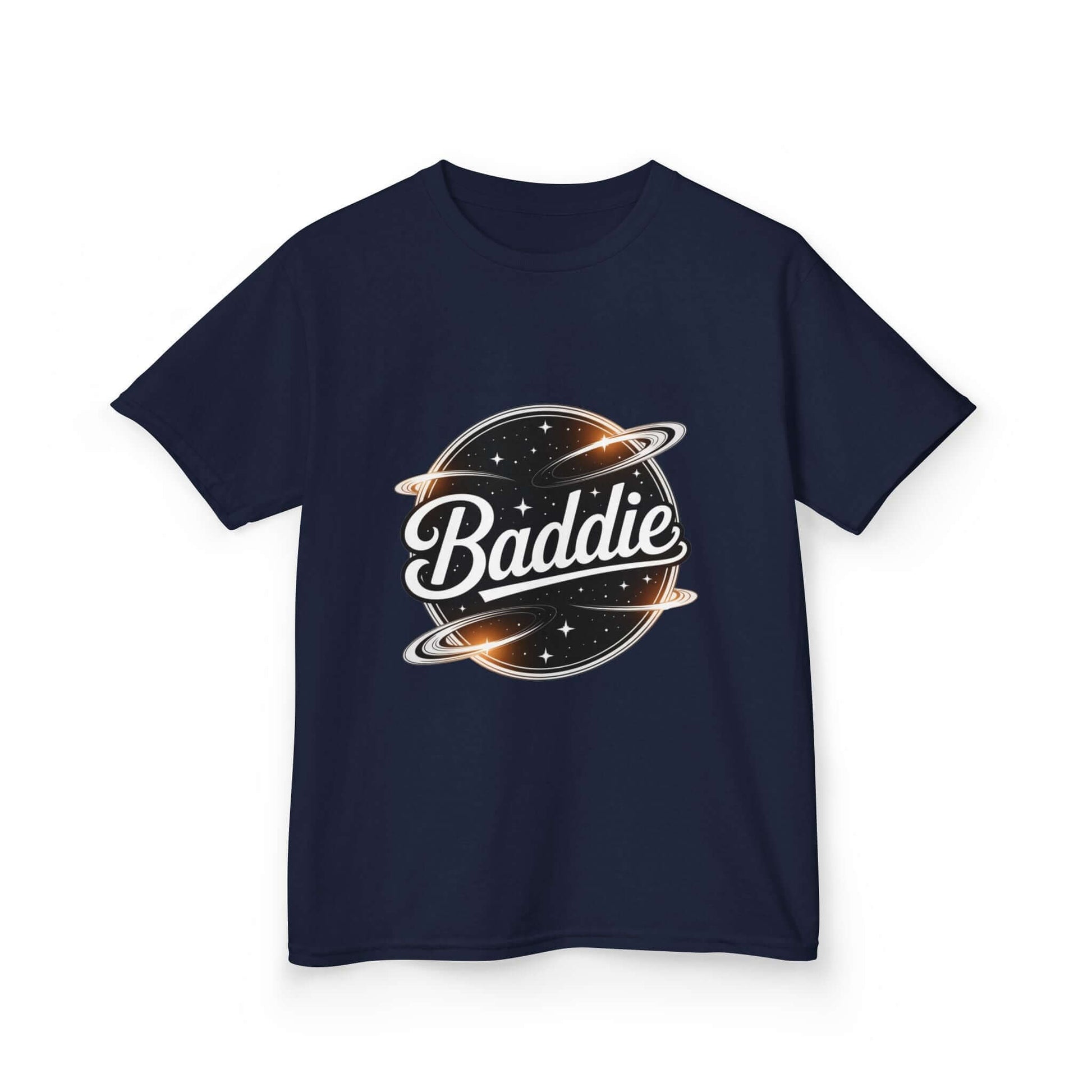 Kids Navy blue tee featuring a retro 'Baddie' universe design, perfect for trendy kids who love unique fashion.