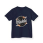 Kids Navy blue tee featuring a retro 'Baddie' universe design, perfect for trendy kids who love unique fashion.