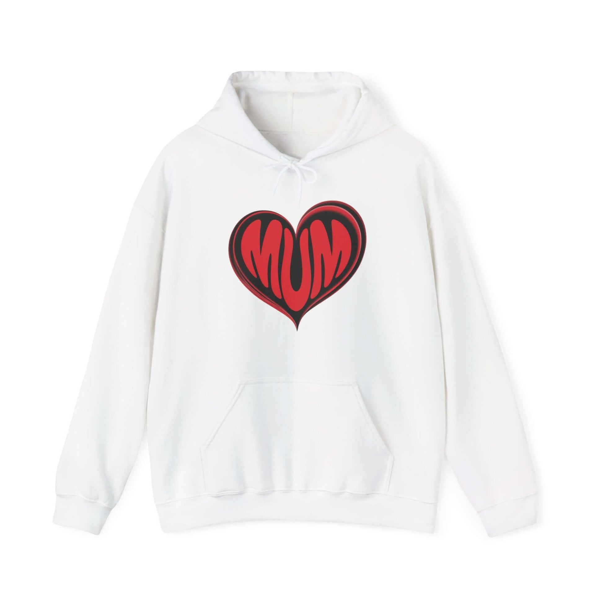 White hooded sweatshirt featuring red 'MUM' heart design, perfect for Mother's Day celebrations.