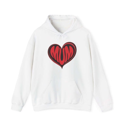 White hooded sweatshirt featuring red 'MUM' heart design, perfect for Mother's Day celebrations.