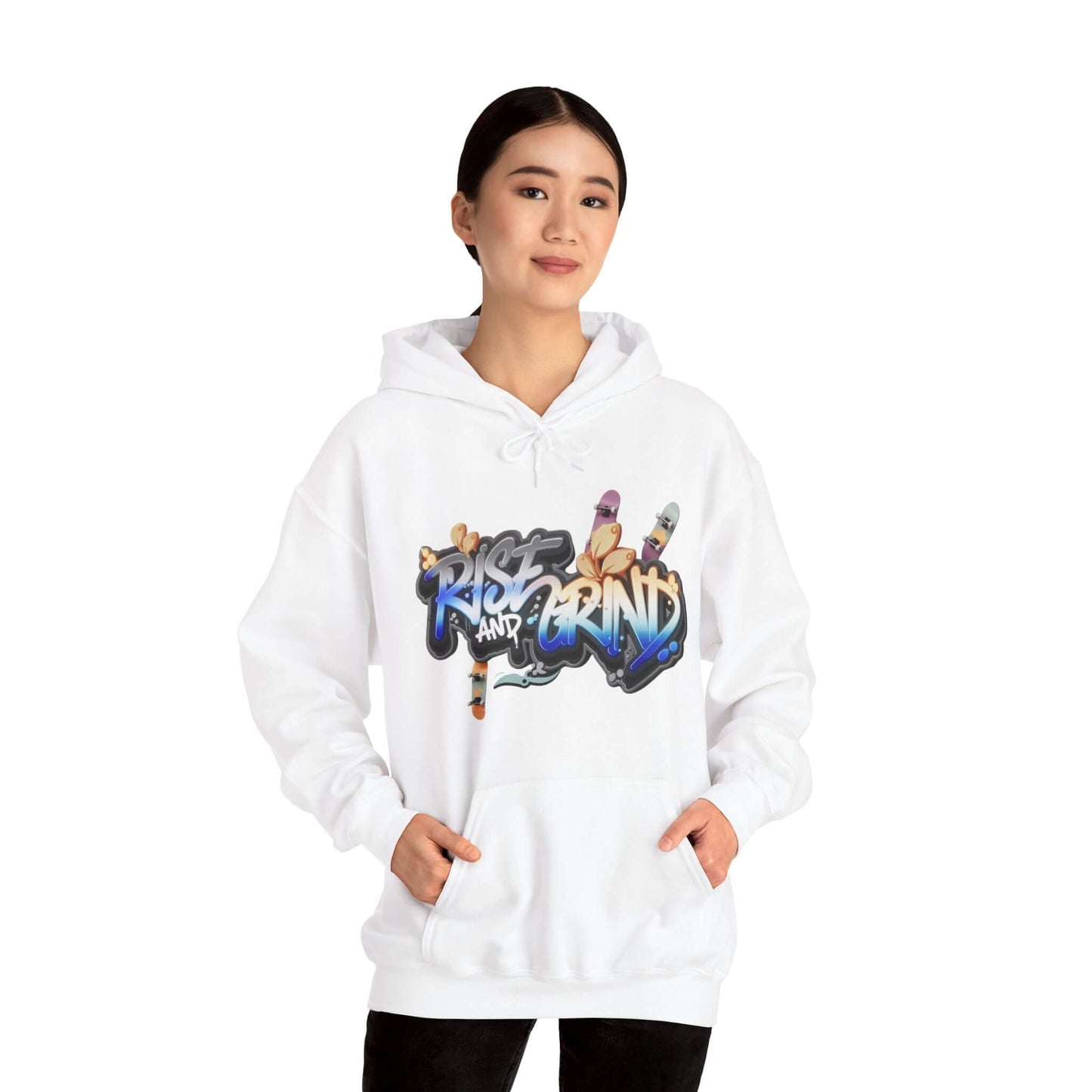 Unisex hoodie with 'Rise and Grind' graffiti design, perfect for streetwear and skater culture.