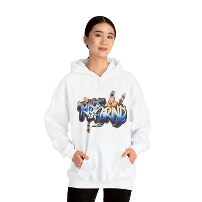 Unisex hoodie with 'Rise and Grind' graffiti design, perfect for streetwear and skater culture.