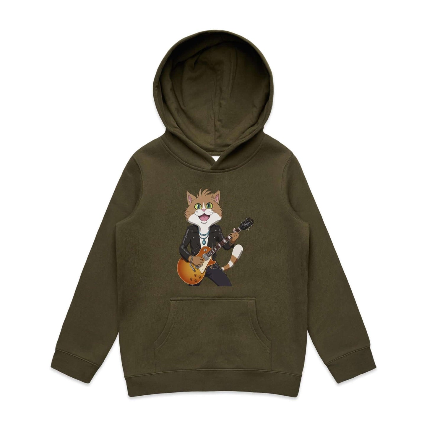 Kid's hoodie with Rock and Roll Cat Playing Guitar design for, perfect for music and cat lovers.