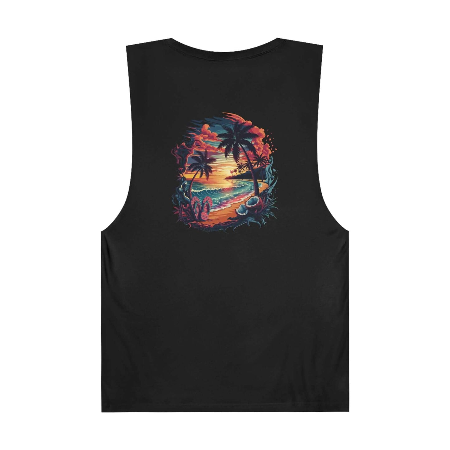 Tank top featuring tropical sunset beach design with palm trees, perfect for summer vibes and coastal fashion.