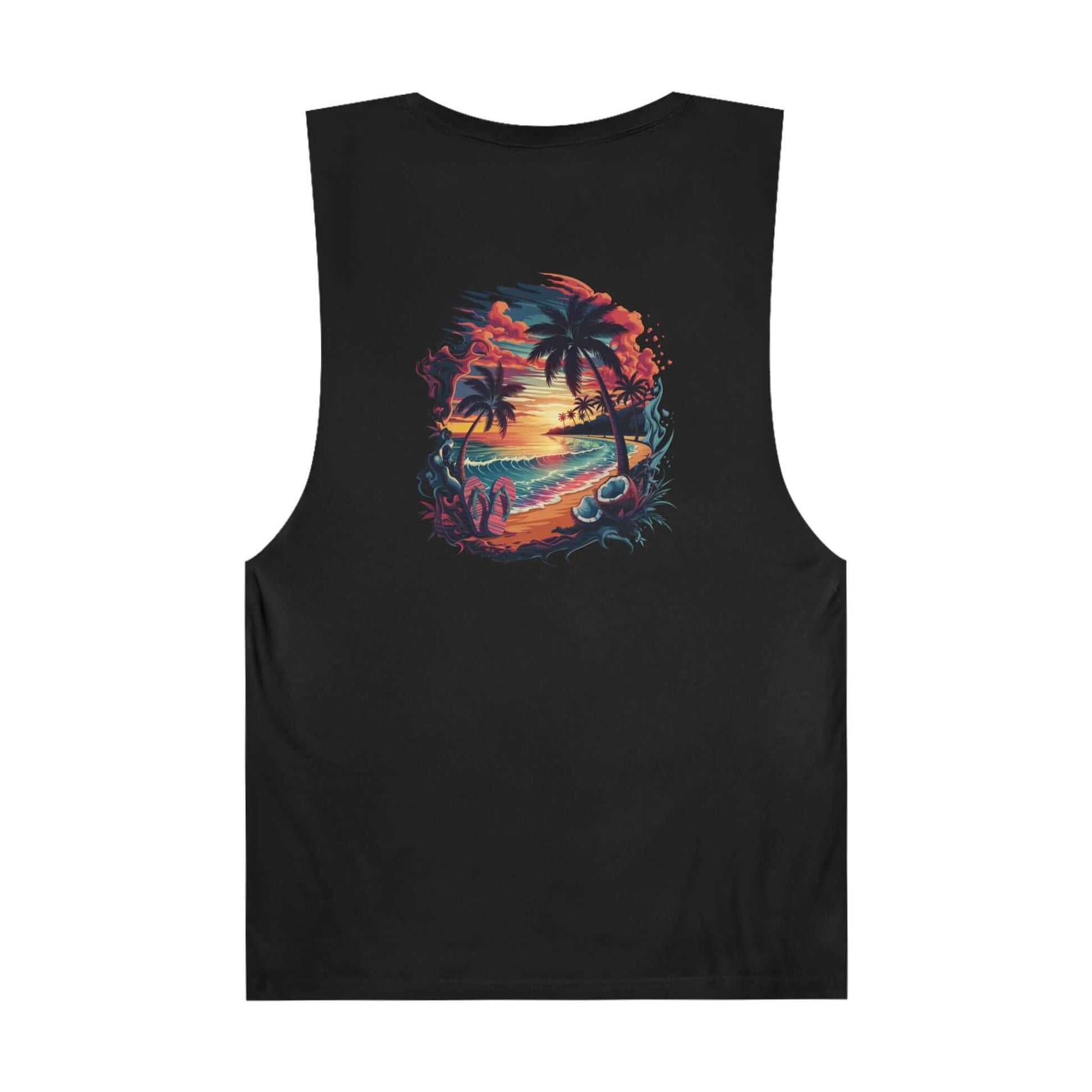 Tank top featuring tropical sunset beach design with palm trees, perfect for summer vibes and coastal fashion.