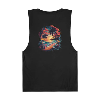 Tank top featuring tropical sunset beach design with palm trees, perfect for summer vibes and coastal fashion.