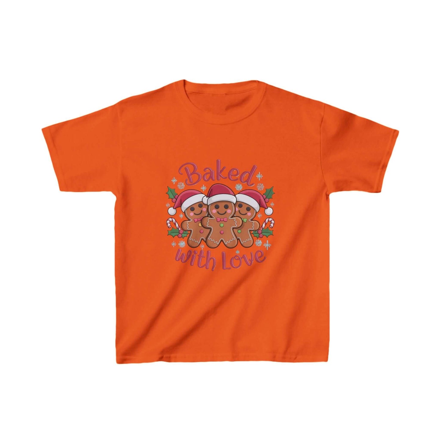 Kids T-shirt featuring gingerbread men with Santa hats and 'Baked with Love' typography on a vibrant orange background.