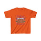 Kids T-shirt featuring gingerbread men with Santa hats and 'Baked with Love' typography on a vibrant orange background.