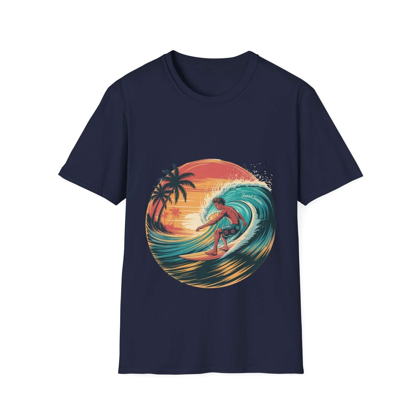 Vintage surfer T-shirt with turquoise wave and sunset design, perfect for beach lovers and casual wear.