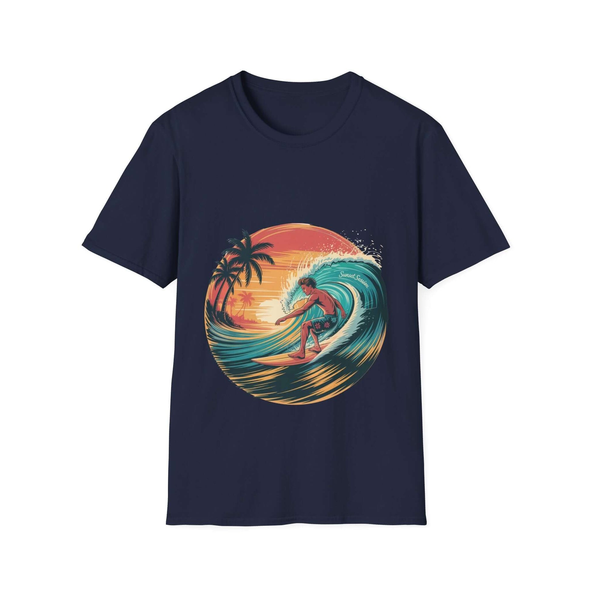 Vintage surfer T-shirt with turquoise wave and sunset design, perfect for beach lovers and casual wear.