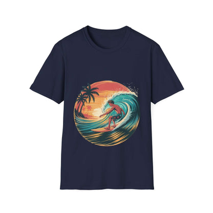 Vintage surfer T-shirt with turquoise wave and sunset design, perfect for beach lovers and casual wear.