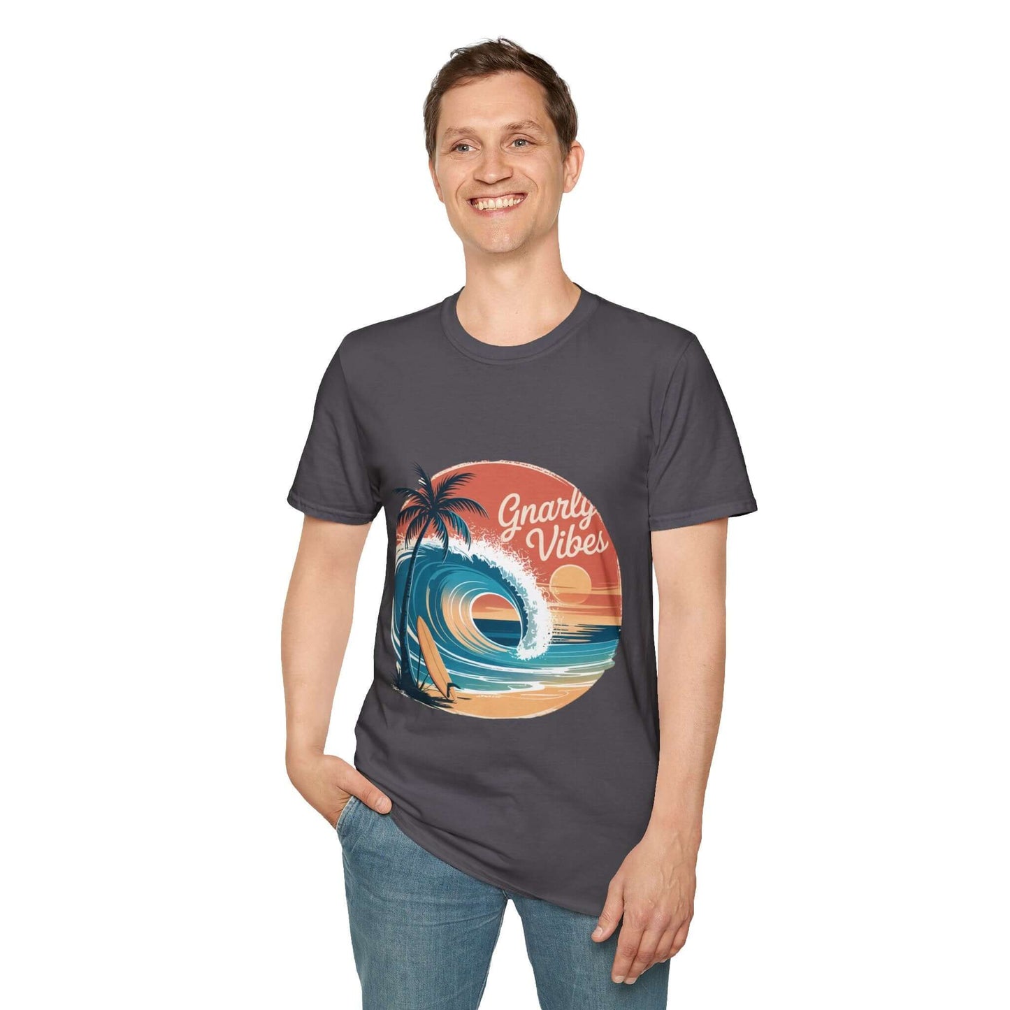 Vintage Sunset Beach t-shirt with big wave design, evoking gnarly vibes and surf culture style.