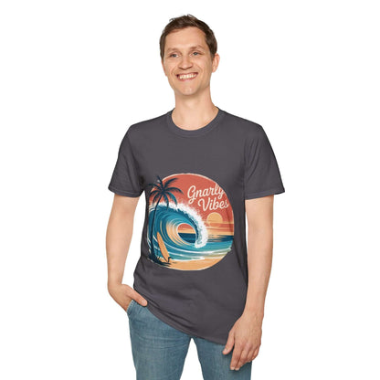 Vintage Sunset Beach t-shirt with big wave design, evoking gnarly vibes and surf culture style.