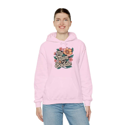 Pink hooded sweatshirt with 'My Mum is a Baddie' floral design, perfect for trendy Mother's Day gifts.