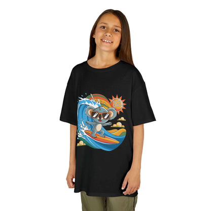Black kid's T-shirt featuring a cool surfing koala design with sunglasses, perfect for beach-loving families.